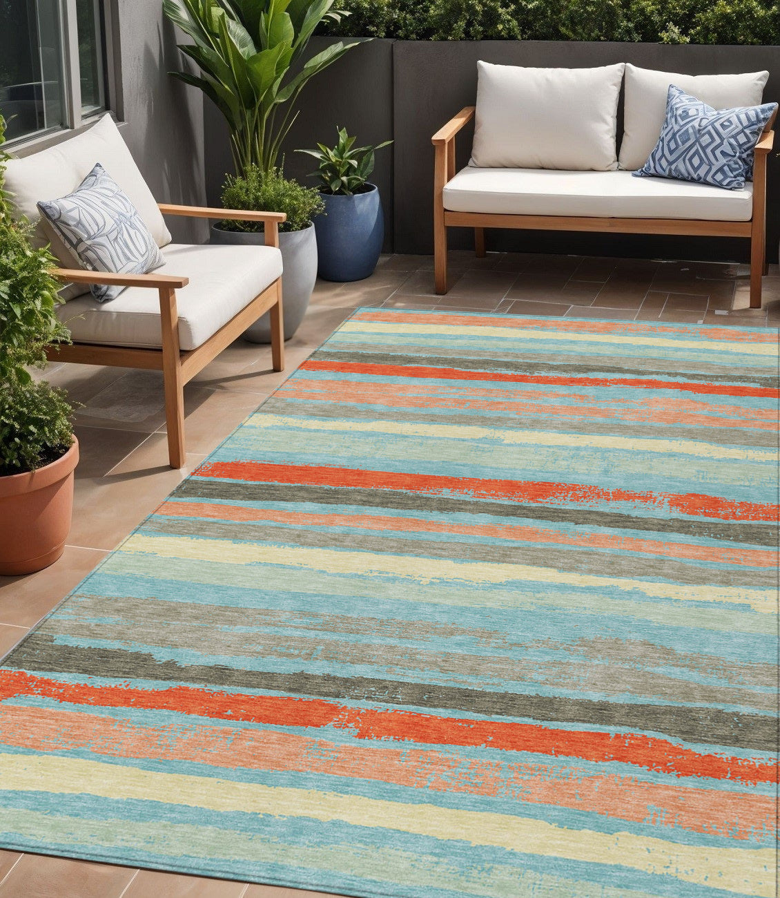 5 X 8 Sky Blue Pink And Gray Striped Washable Indoor Outdoor Area Rug