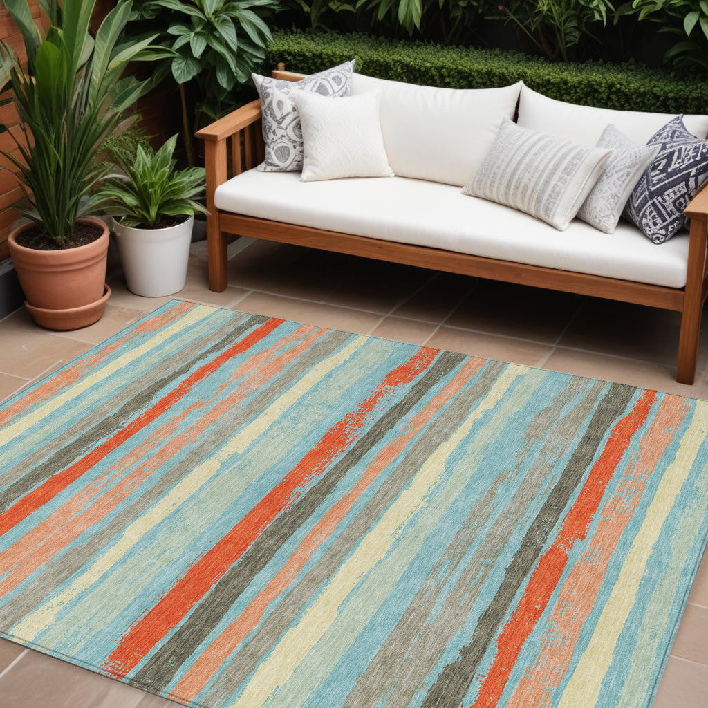 8 X 10 Sky Blue Pink And Gray Striped Washable Indoor Outdoor Area Rug