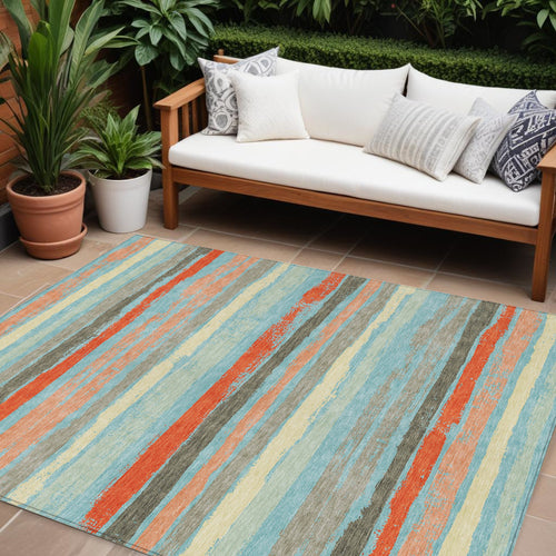 10 X 14 Sky Blue Pink And Gray Striped Washable Indoor Outdoor Area Rug