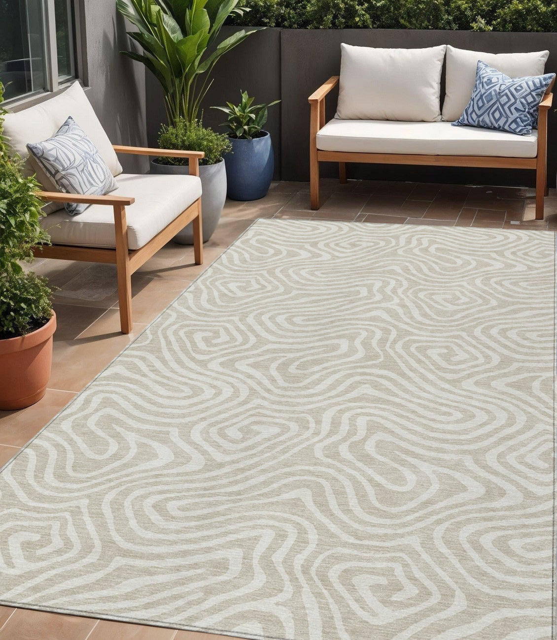 5 X 8 Beige And Linen Abstract Washable Indoor Outdoor Area Rug