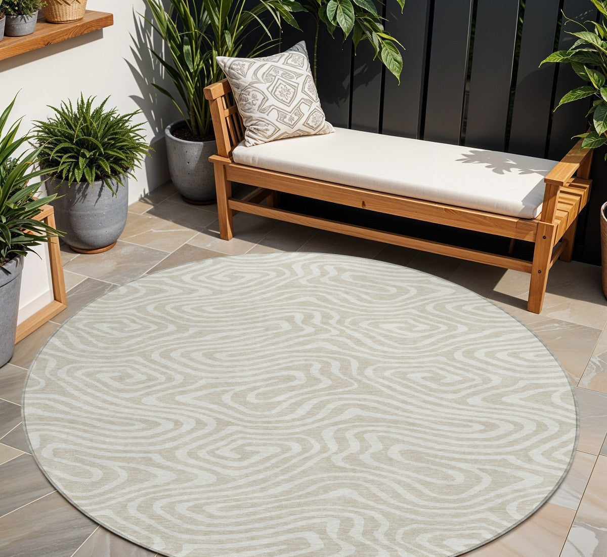8 Beige And Linen Round Abstract Washable Indoor Outdoor Area Rug