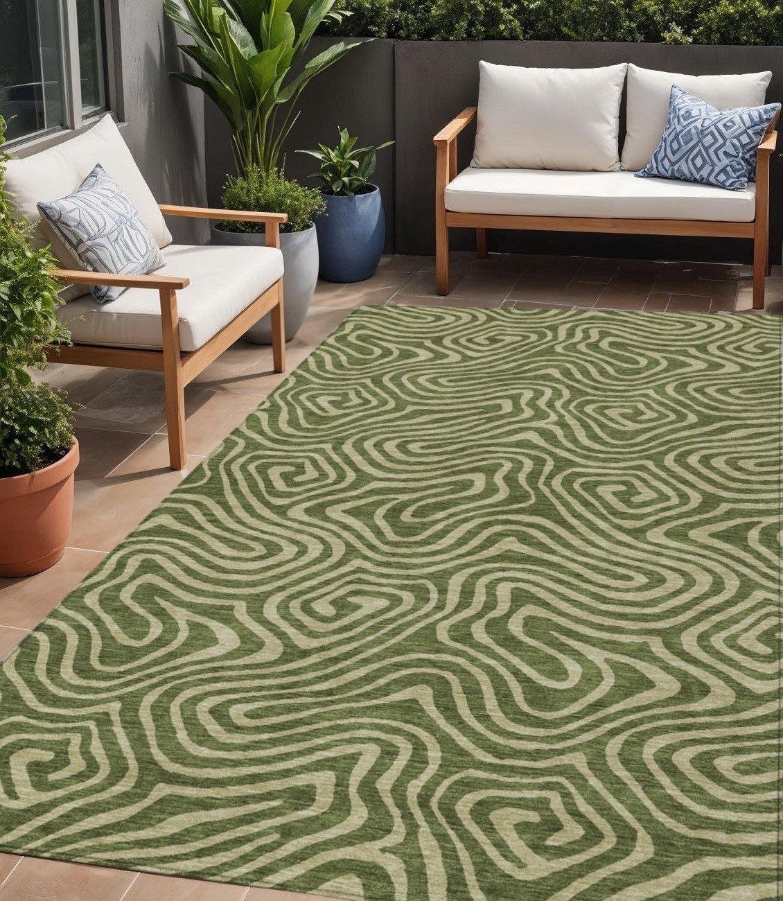 5 X 8 Olive Green And Light Green Abstract Washable Indoor Outdoor Area Rug