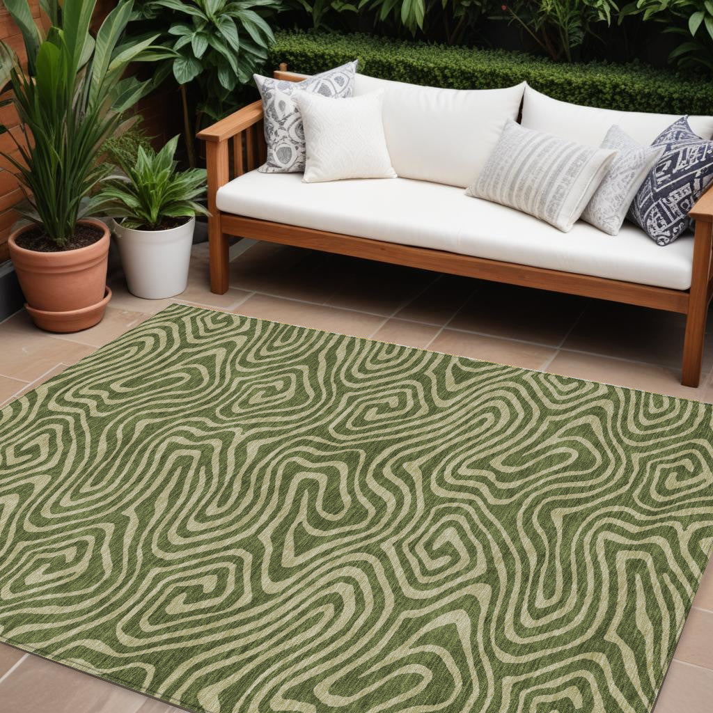 8 X 10 Olive Green And Light Green Abstract Washable Indoor Outdoor Area Rug