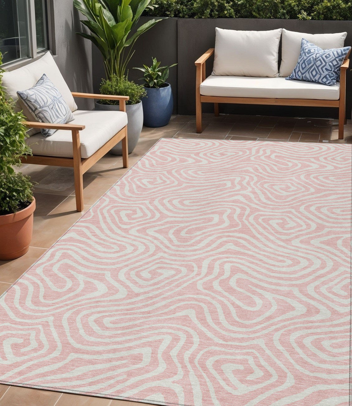 5 X 8 Pink And Gray Abstract Washable Indoor Outdoor Area Rug