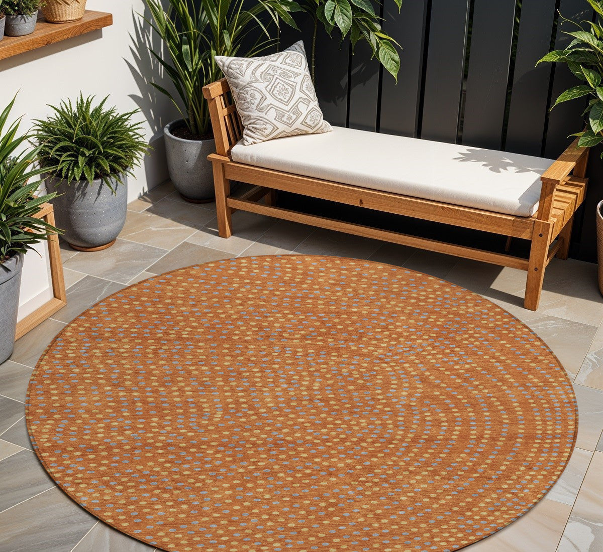 8 Brown Gray And Gold Round Polka Dot Washable Indoor Outdoor Area Rug