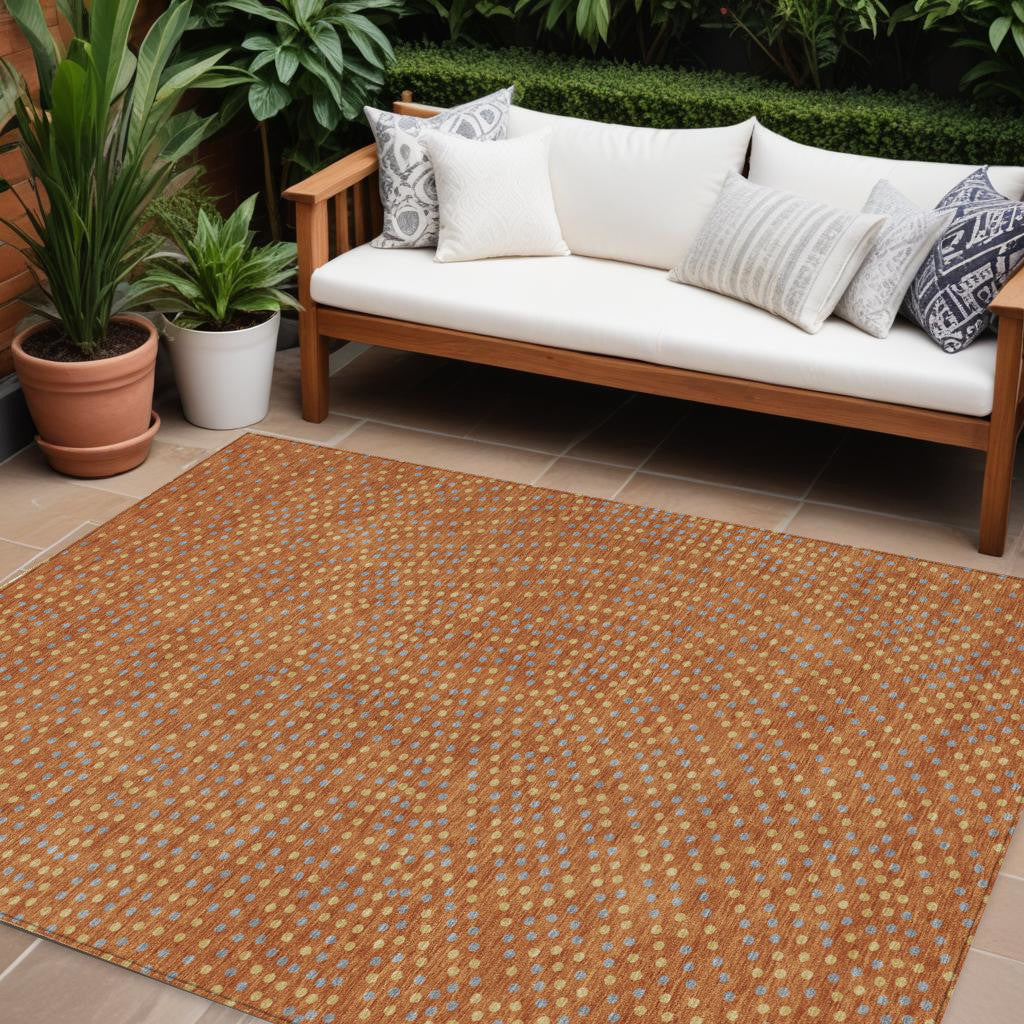 9 X 12 Brown Gray And Gold Polka Dot Washable Indoor Outdoor Area Rug