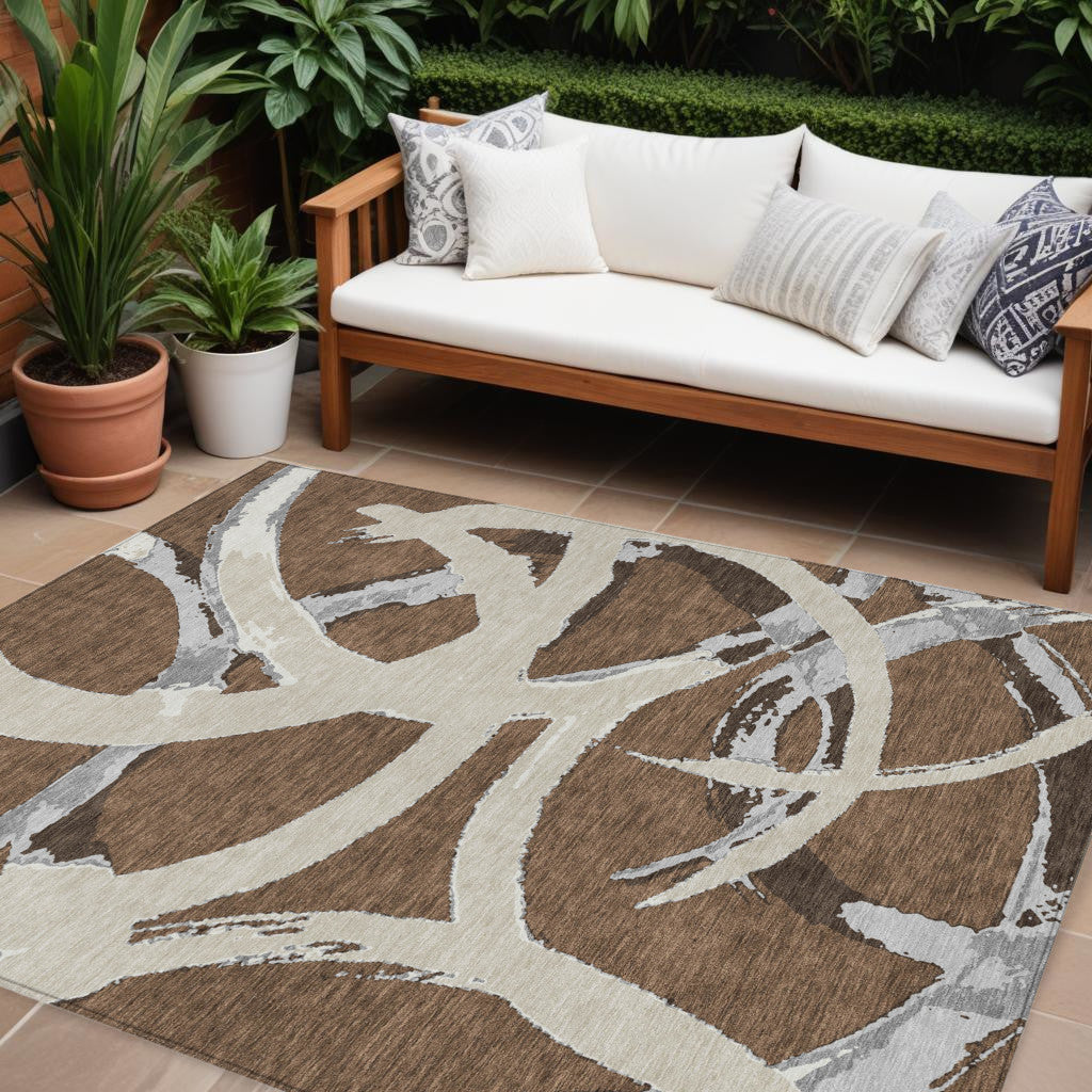 8 X 10 Brown Beige And Gray Abstract Washable Indoor Outdoor Area Rug