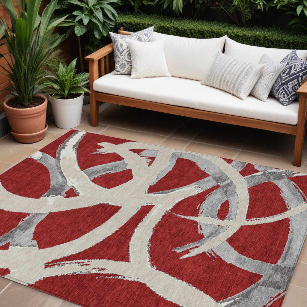 8 X 10 Red Beige And Gray Abstract Washable Indoor Outdoor Area Rug