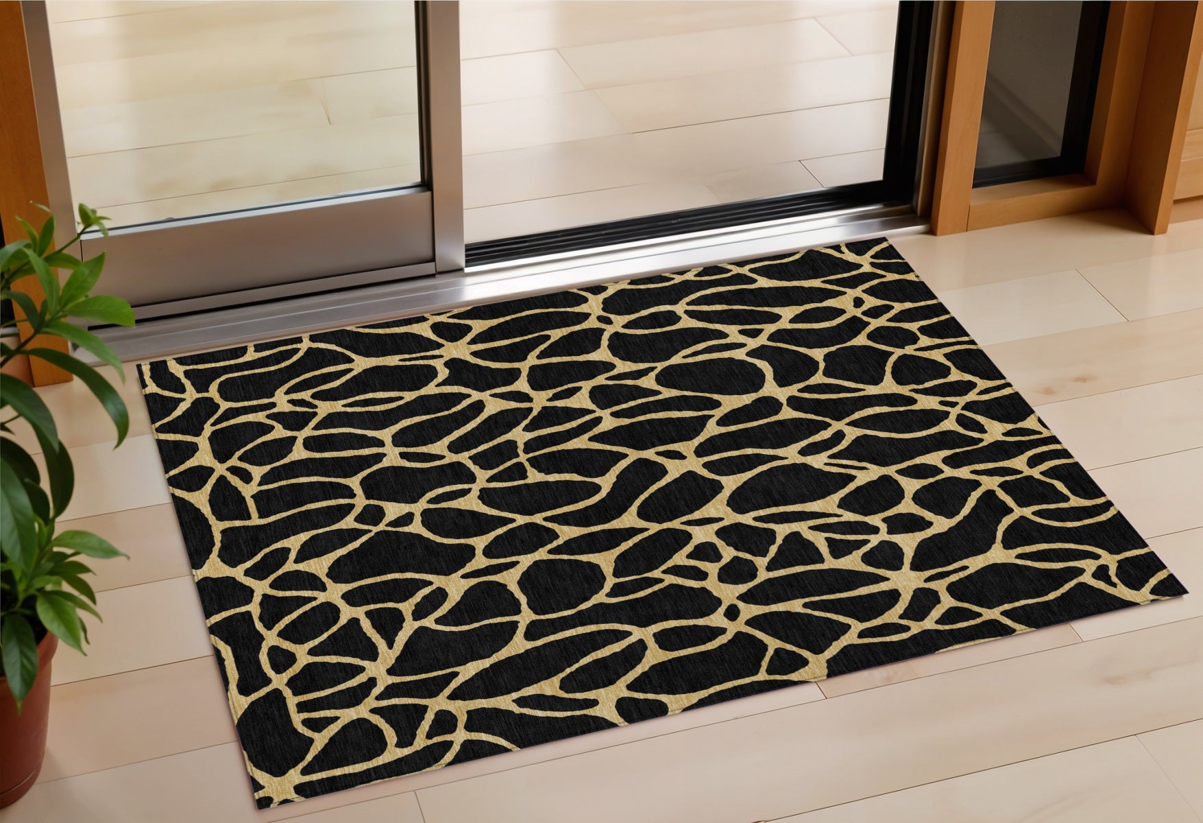3 X 5 Black And Gold Geometric Washable Indoor Outdoor Area Rug