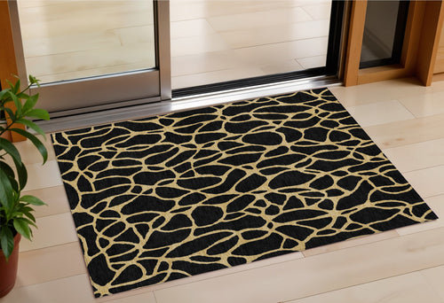 3 X 5 Black And Gold Geometric Washable Indoor Outdoor Area Rug