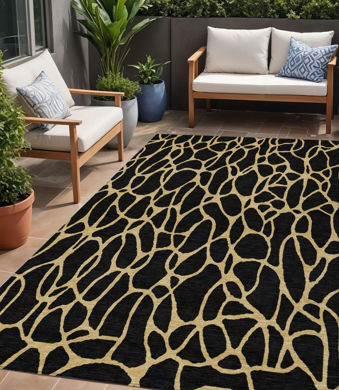 5 X 8 Black And Gold Geometric Washable Indoor Outdoor Area Rug