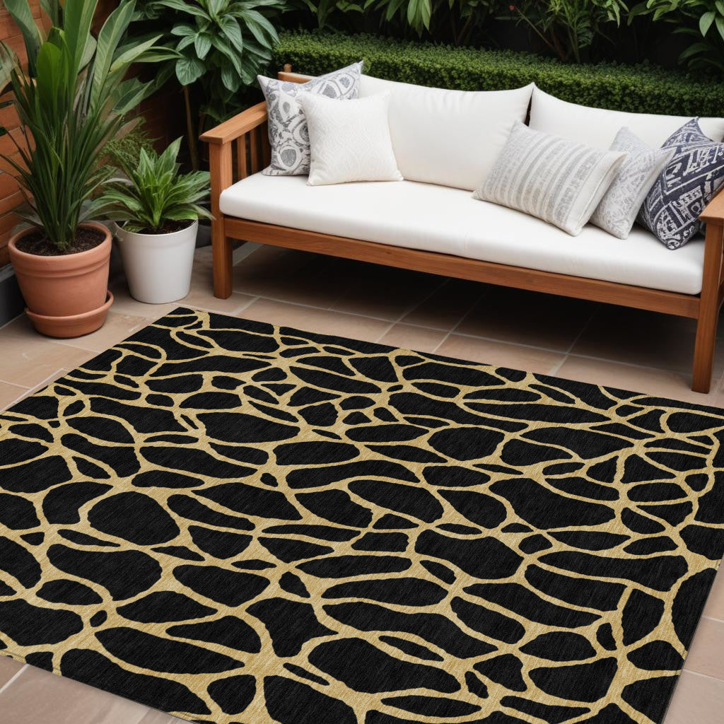 10 X 14 Black And Gold Geometric Washable Indoor Outdoor Area Rug