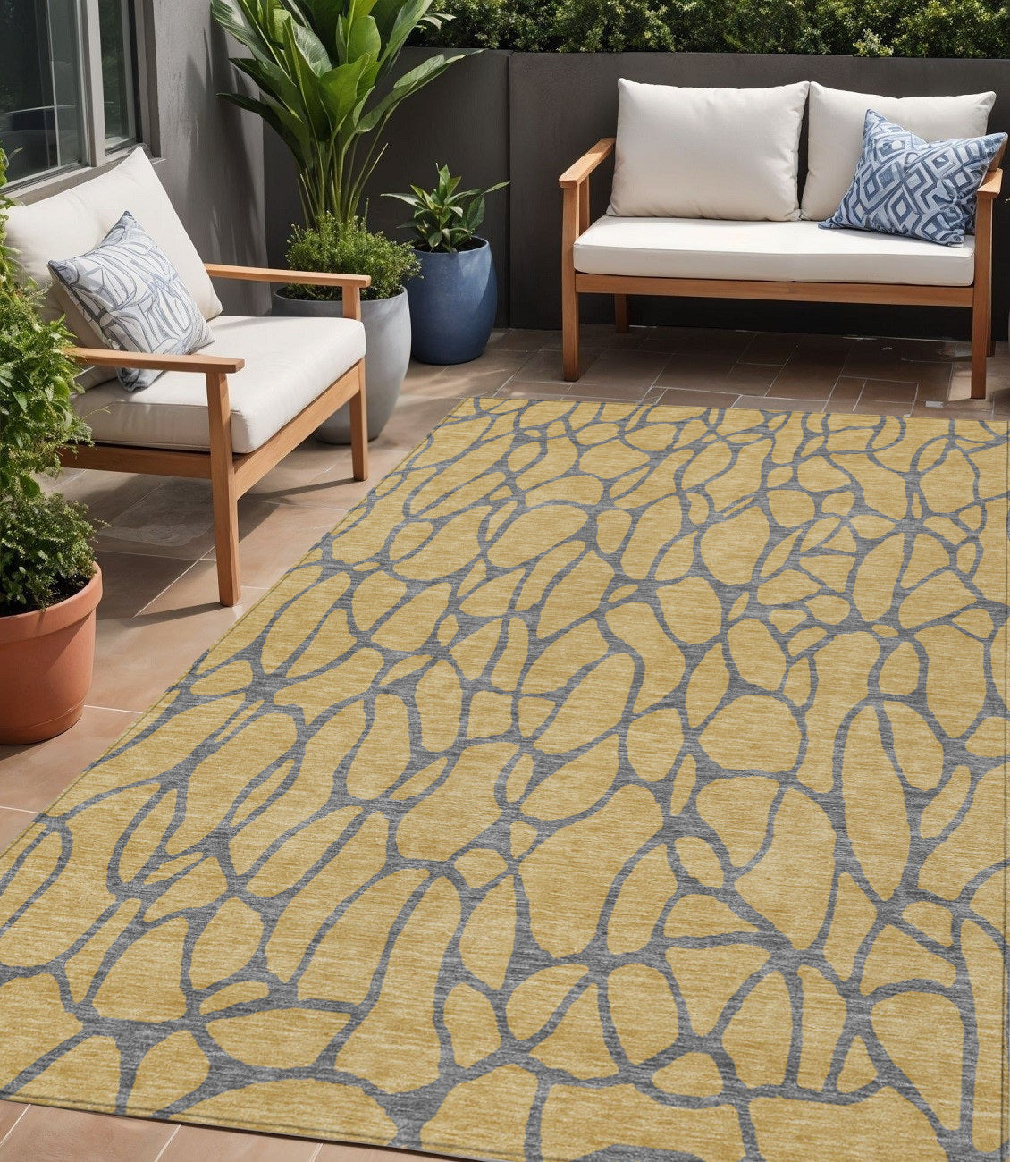 5 X 8 Gold And Gray Geometric Washable Indoor Outdoor Area Rug