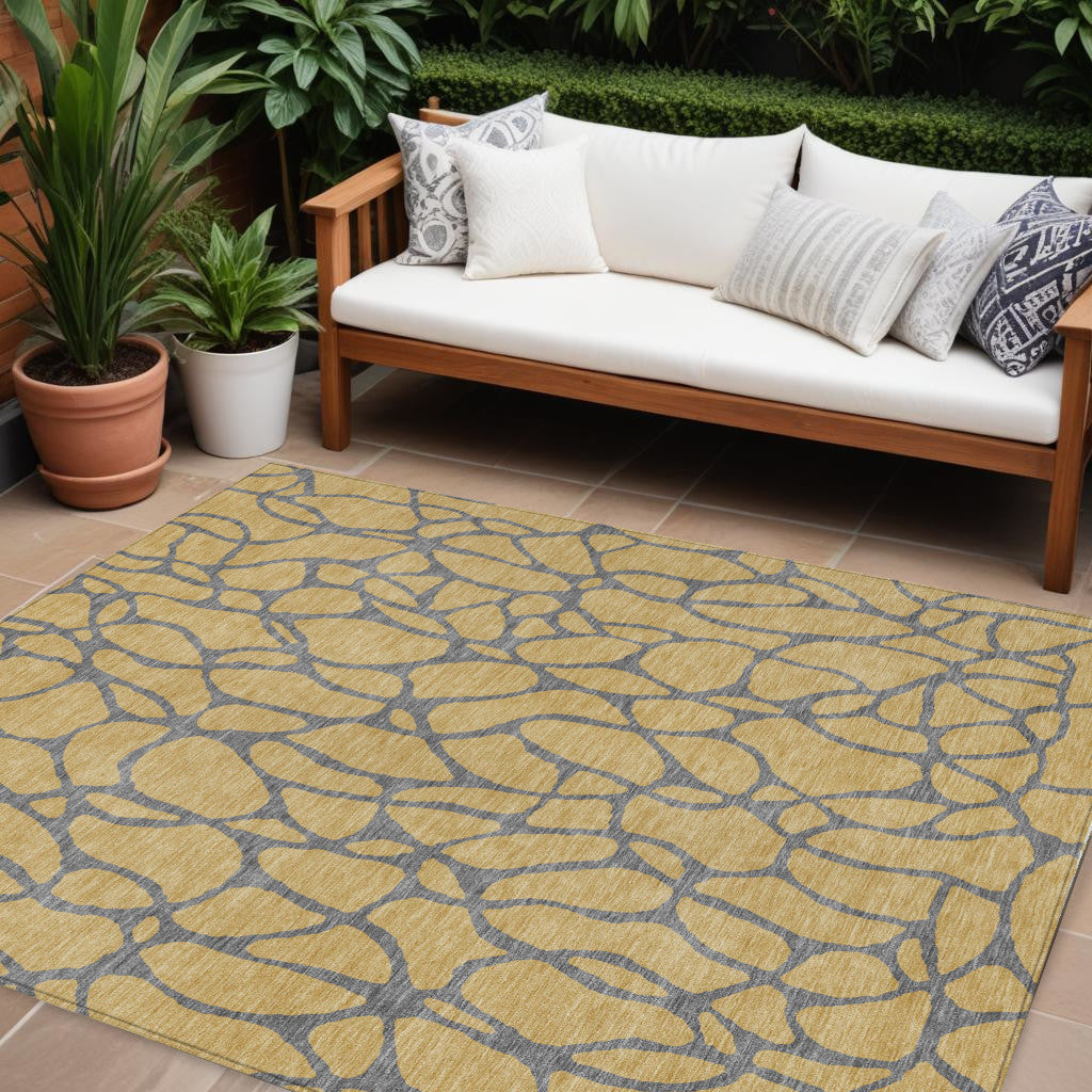 9 X 12 Gold And Gray Geometric Washable Indoor Outdoor Area Rug