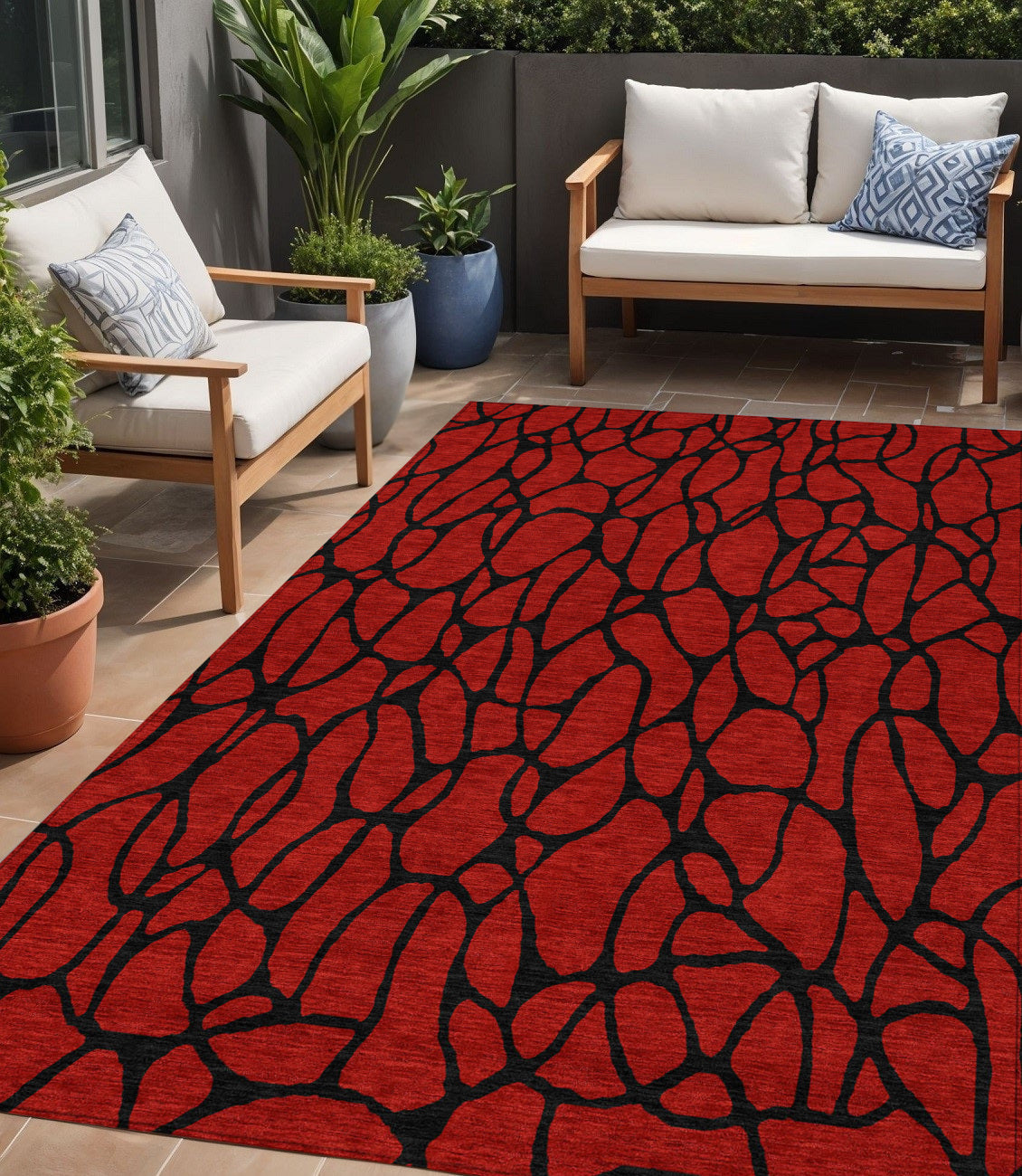 5 X 8 Red And Black Geometric Washable Indoor Outdoor Area Rug