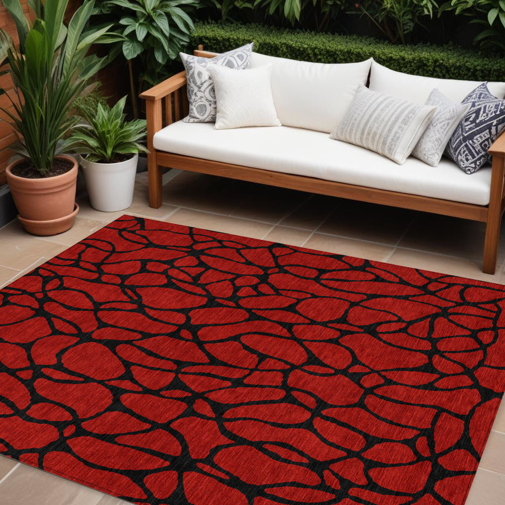 9 X 12 Red And Black Geometric Washable Indoor Outdoor Area Rug