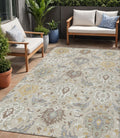 5 X 8 Beige Brown And Green Damask Washable Indoor Outdoor Area Rug