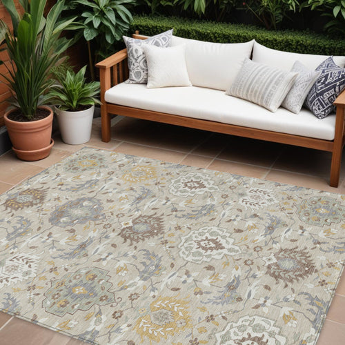 10 X 14 Beige Brown And Green Damask Washable Indoor Outdoor Area Rug