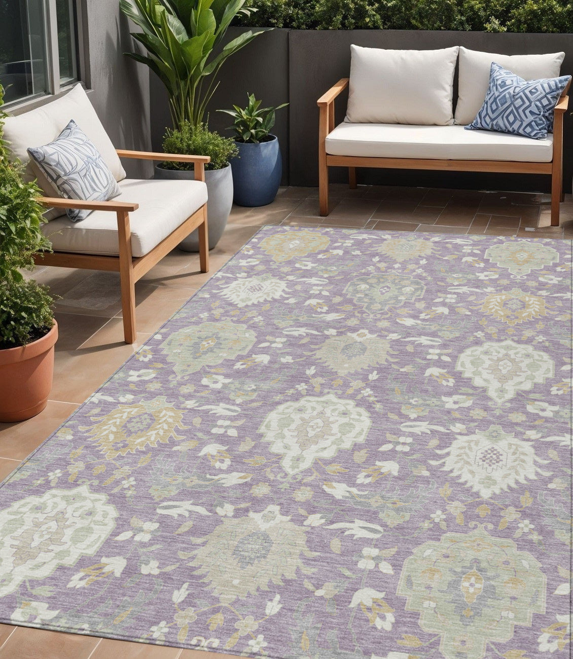 5 X 8 Lavender Gold And Green Damask Washable Indoor Outdoor Area Rug
