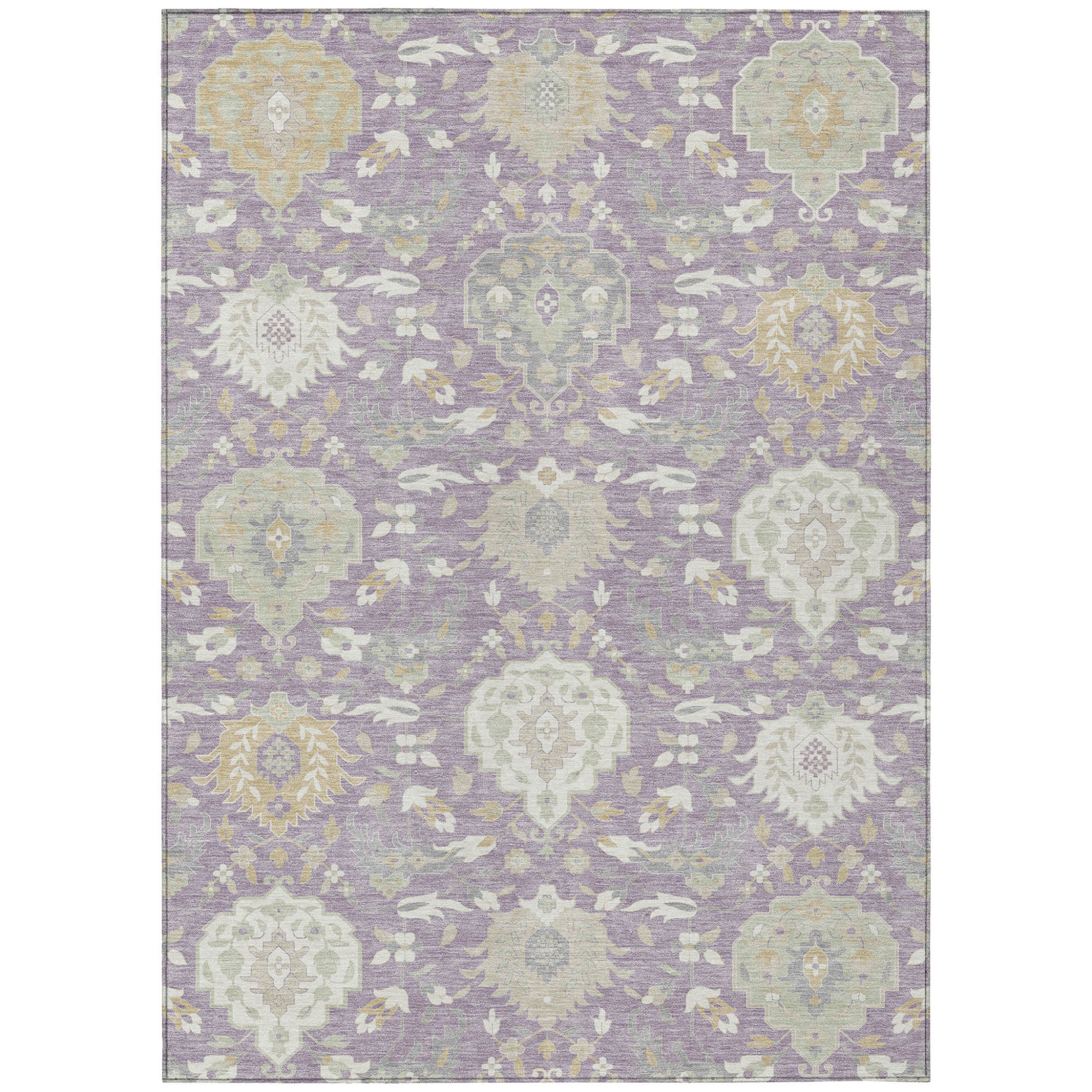 8 X 10 Lavender Gold And Green Damask Washable Indoor Outdoor Area Rug
