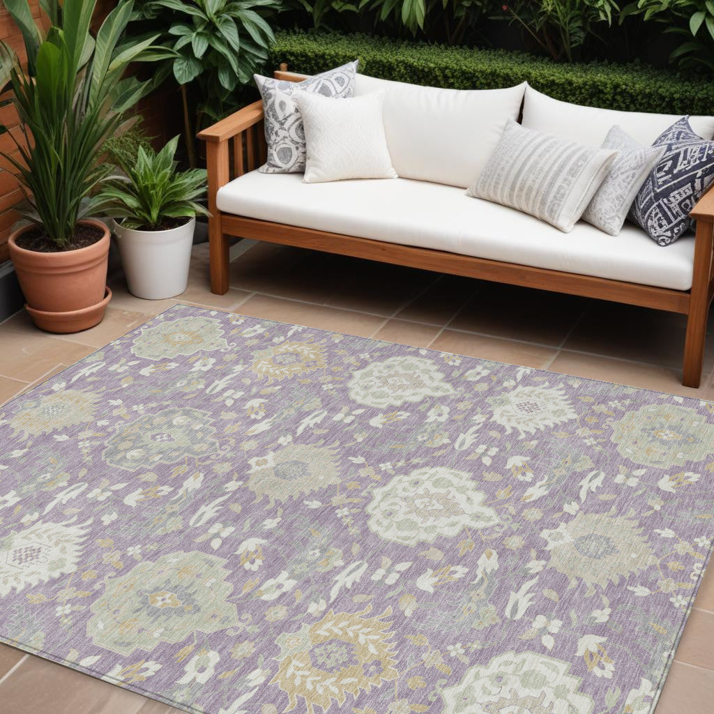 10 X 14 Lavender Gold And Green Damask Washable Indoor Outdoor Area Rug