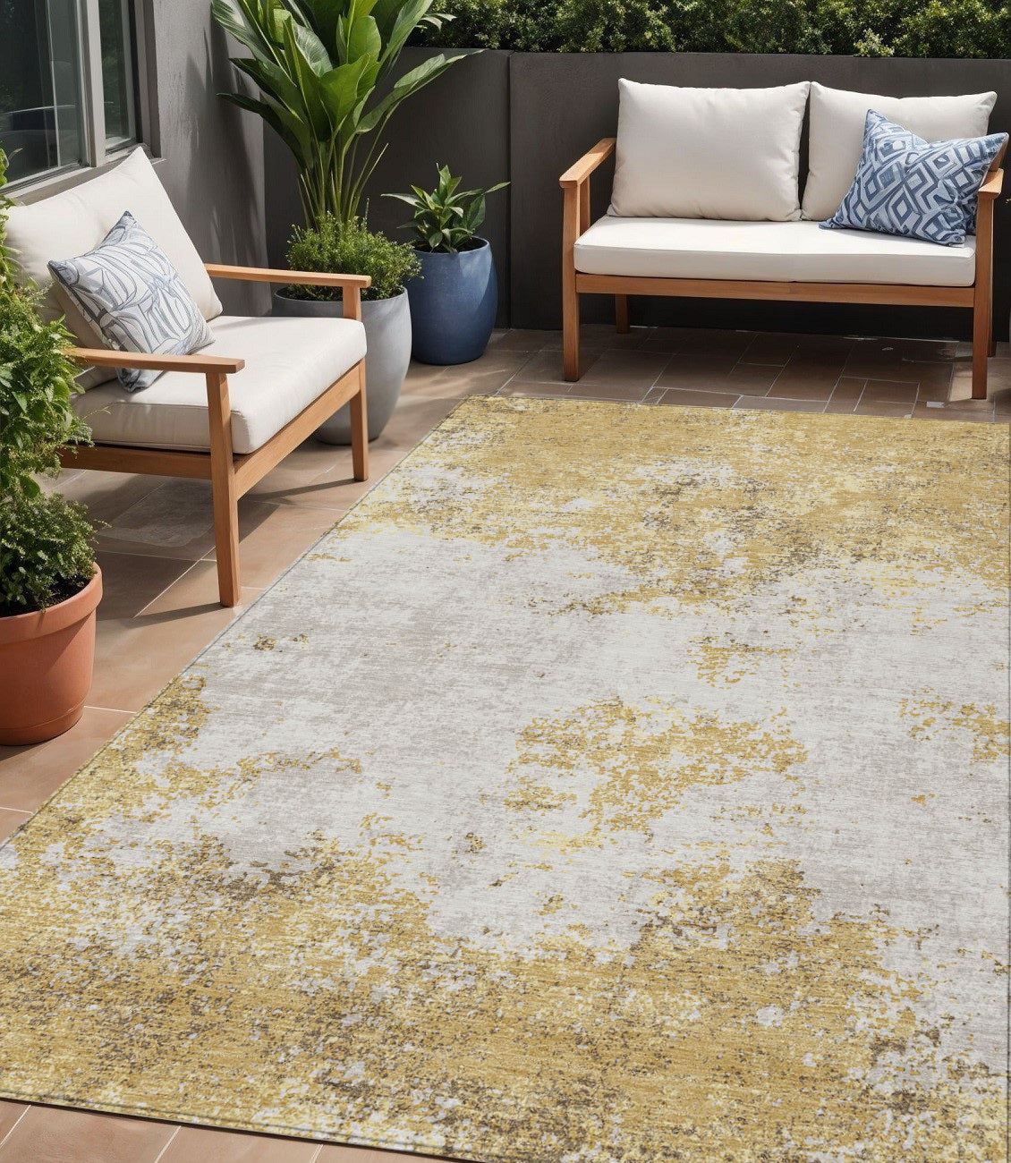 5 X 8 Gold Brown And Beige Abstract Washable Indoor Outdoor Area Rug