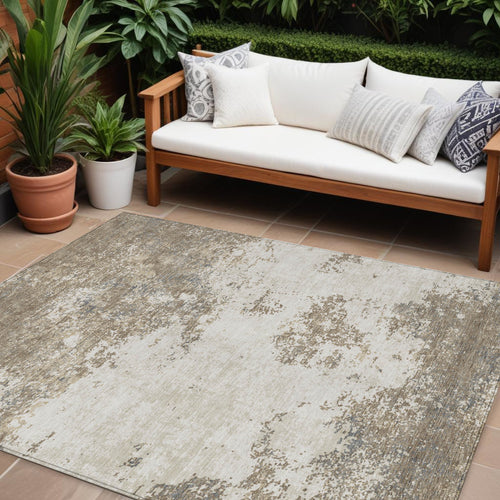 10 X 14 Taupe And Beige Abstract Washable Indoor Outdoor Area Rug
