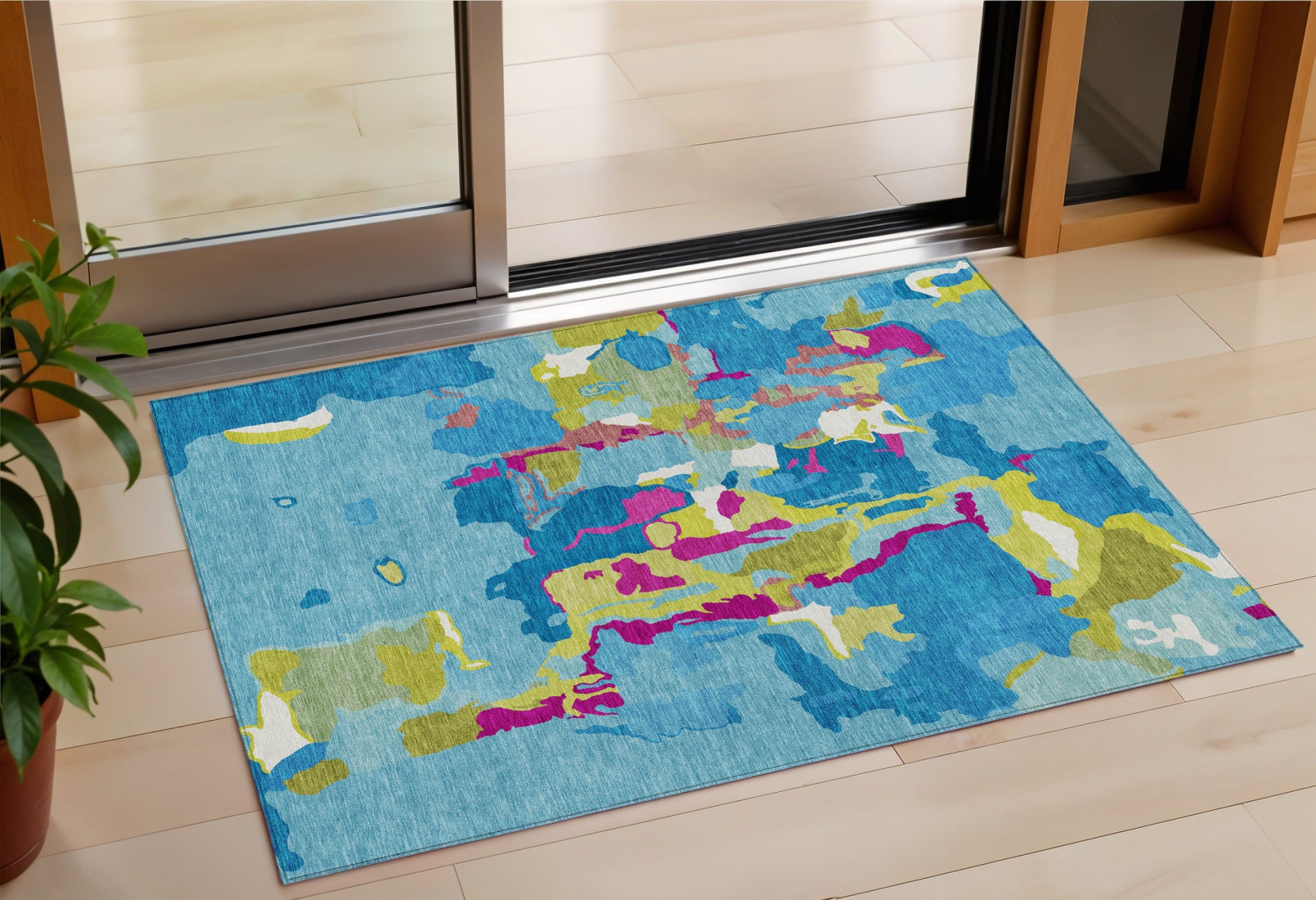 3 X 5 Aqua Green And Pink Abstract Washable Indoor Outdoor Area Rug