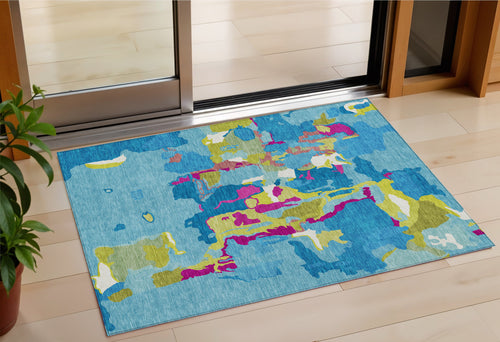 3 X 5 Aqua Green And Pink Abstract Washable Indoor Outdoor Area Rug
