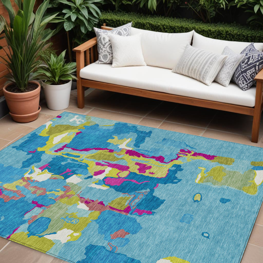 9 X 12 Aqua Green And Pink Abstract Washable Indoor Outdoor Area Rug