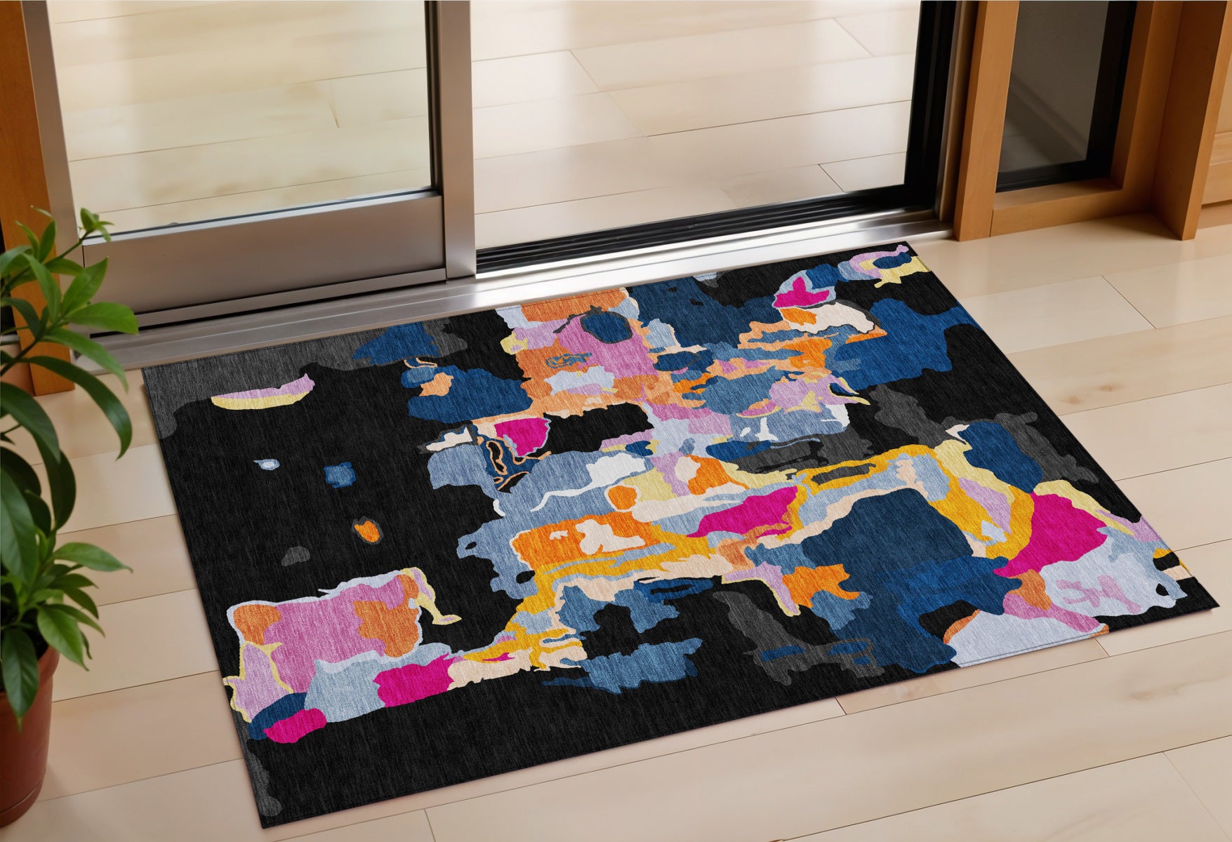 3 X 5 Black Blue And Pink Abstract Washable Indoor Outdoor Area Rug