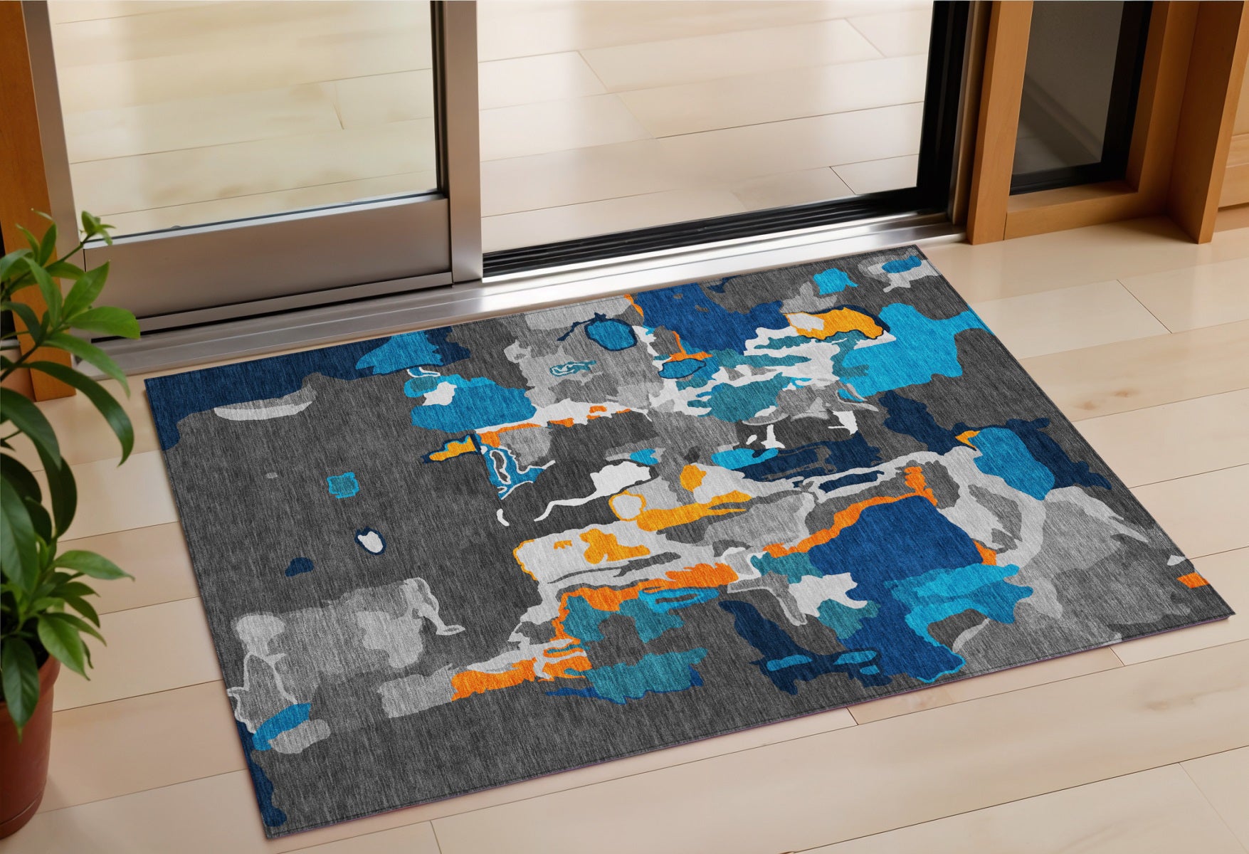 3 X 5 Charcoal Copper And Teal Blue Abstract Washable Indoor Outdoor Area Rug