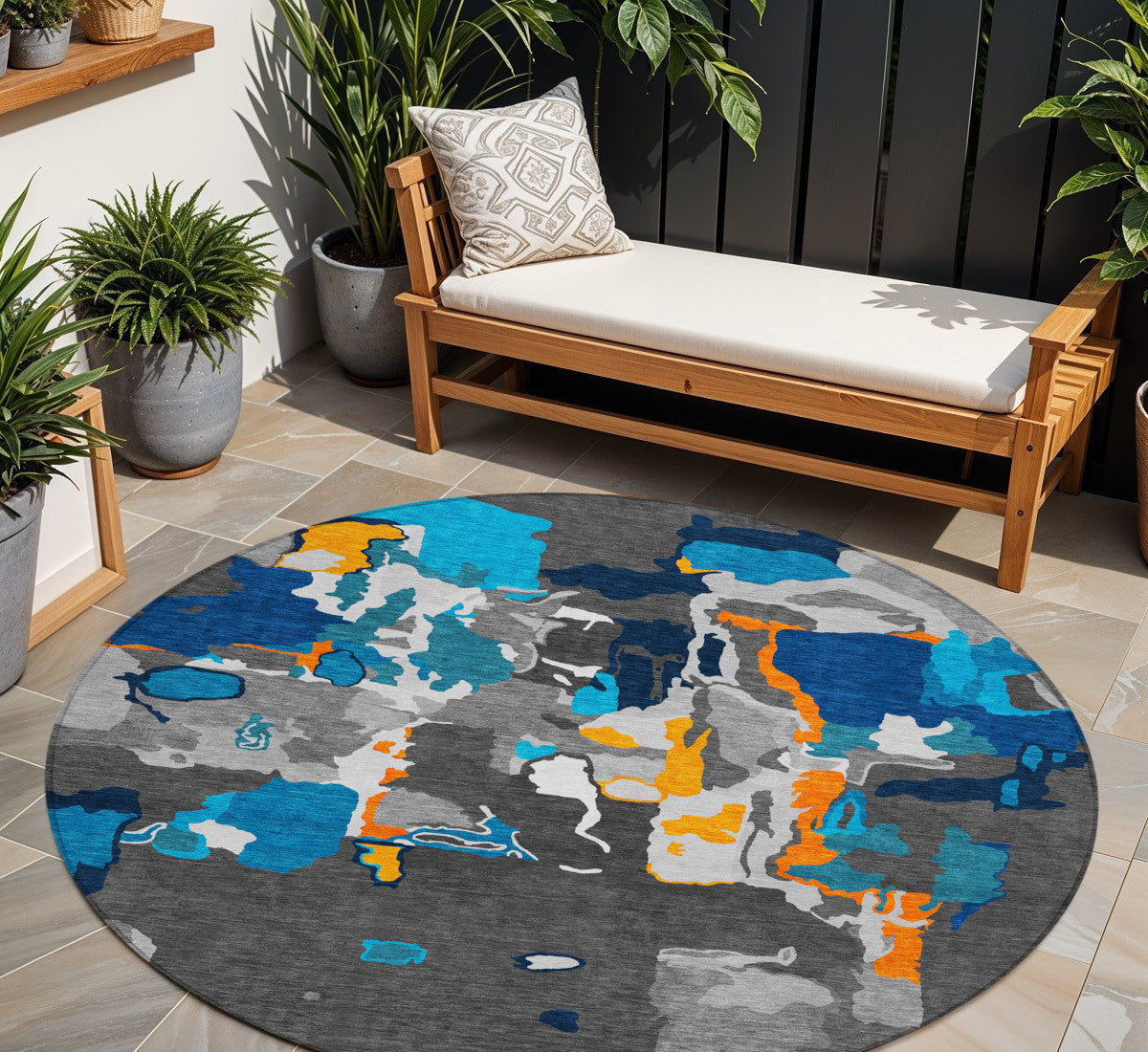 8 Charcoal Copper And Teal Blue Round Abstract Washable Indoor Outdoor Area Rug