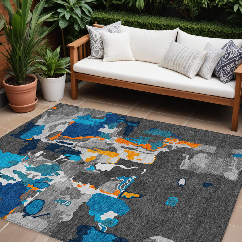 9 X 12 Charcoal Copper And Teal Blue Abstract Washable Indoor Outdoor Area Rug