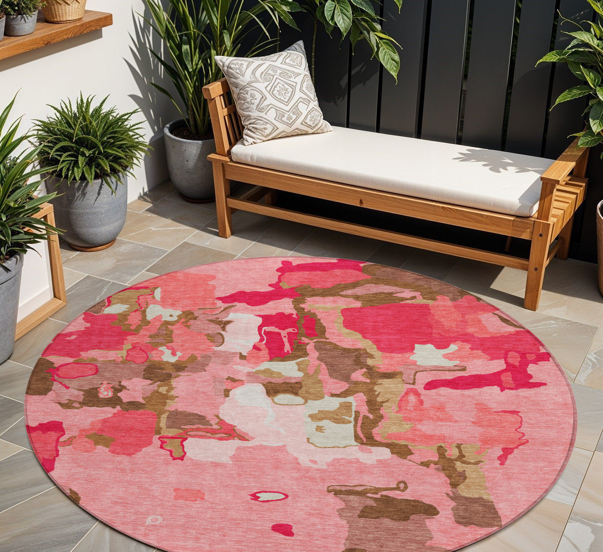 8 Coral Pink And Brown Round Abstract Washable Indoor Outdoor Area Rug