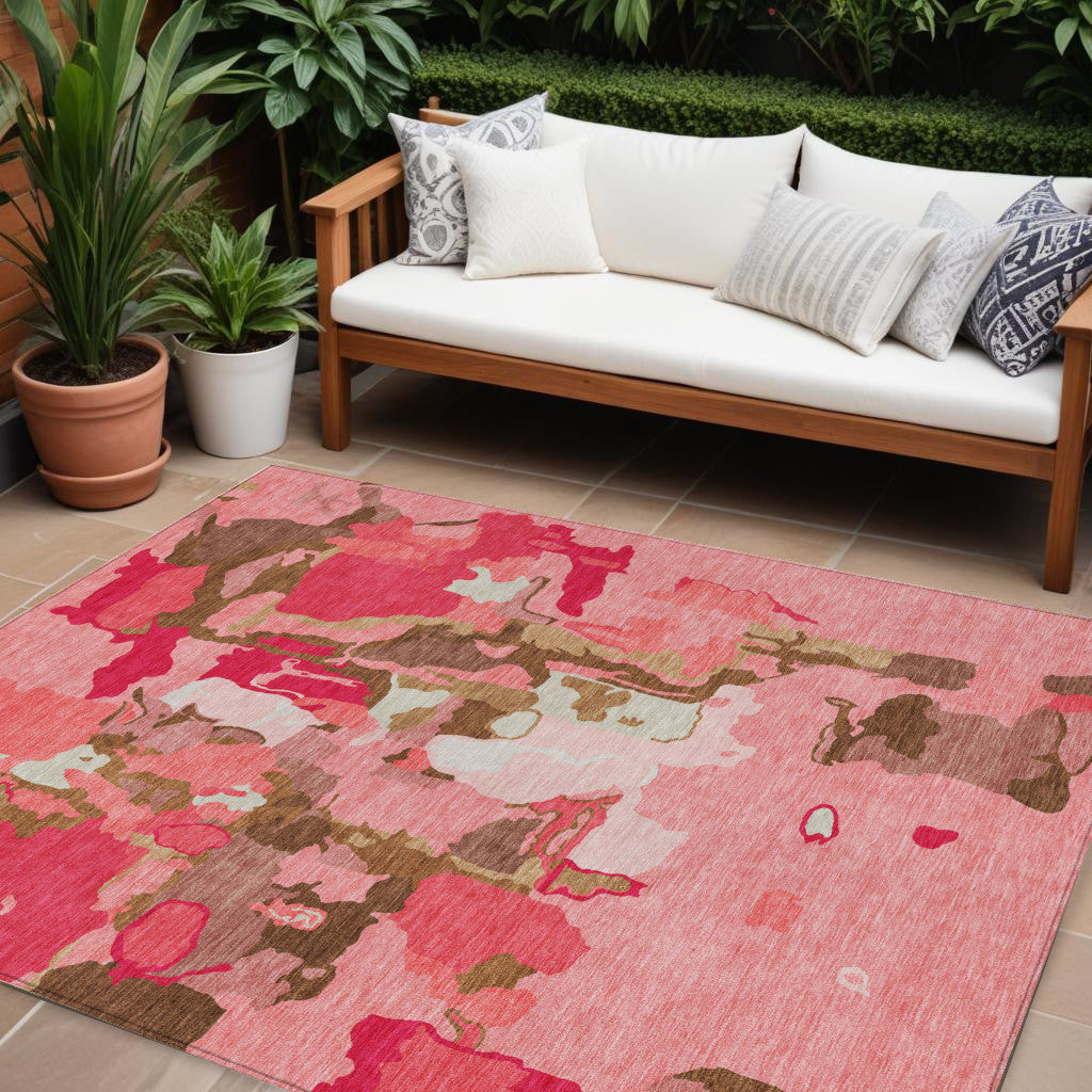 9 X 12 Coral Pink And Brown Abstract Washable Indoor Outdoor Area Rug