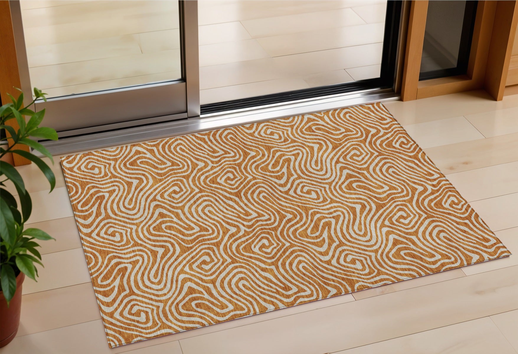 3 X 5 Copper And Beige Abstract Washable Indoor Outdoor Area Rug