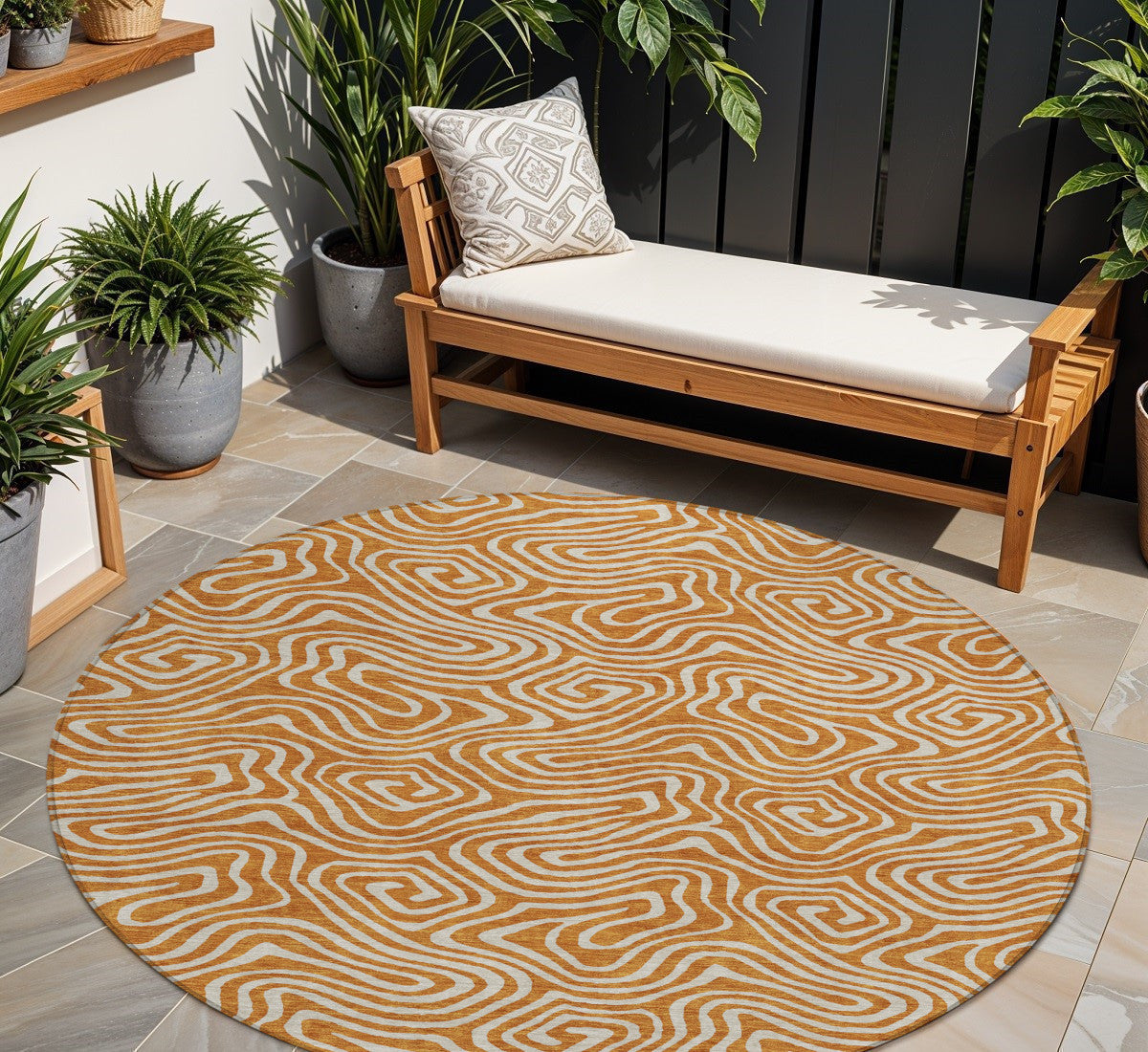 8 Copper And Beige Round Abstract Washable Indoor Outdoor Area Rug