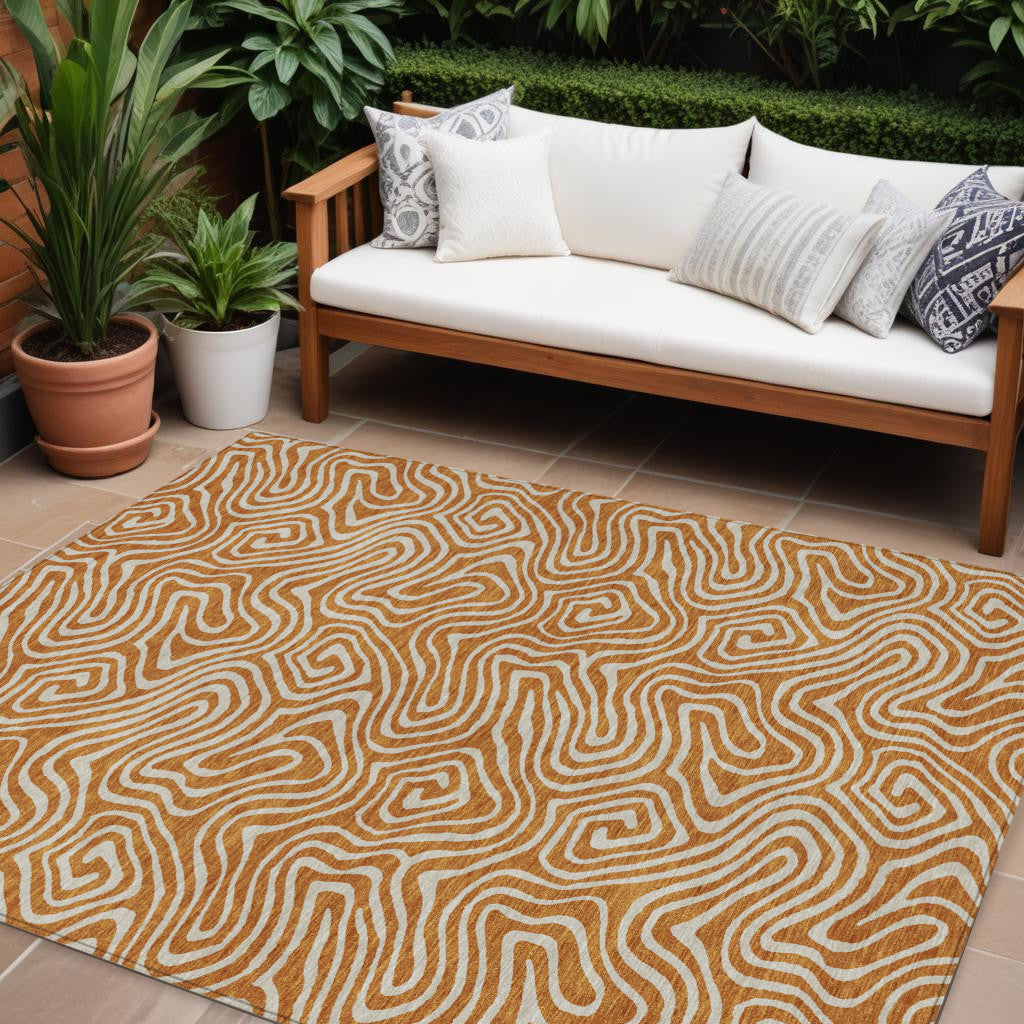 9 X 12 Copper And Beige Abstract Washable Indoor Outdoor Area Rug