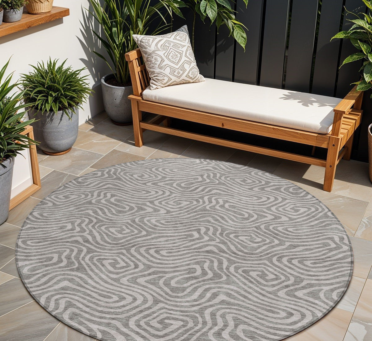 8 Taupe And Gray Round Abstract Washable Indoor Outdoor Area Rug