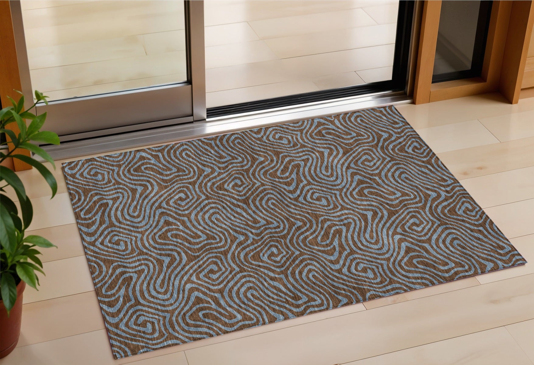 3 X 5 Brown And Light Blue Abstract Washable Indoor Outdoor Area Rug