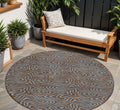 8 Brown And Light Blue Round Abstract Washable Indoor Outdoor Area Rug