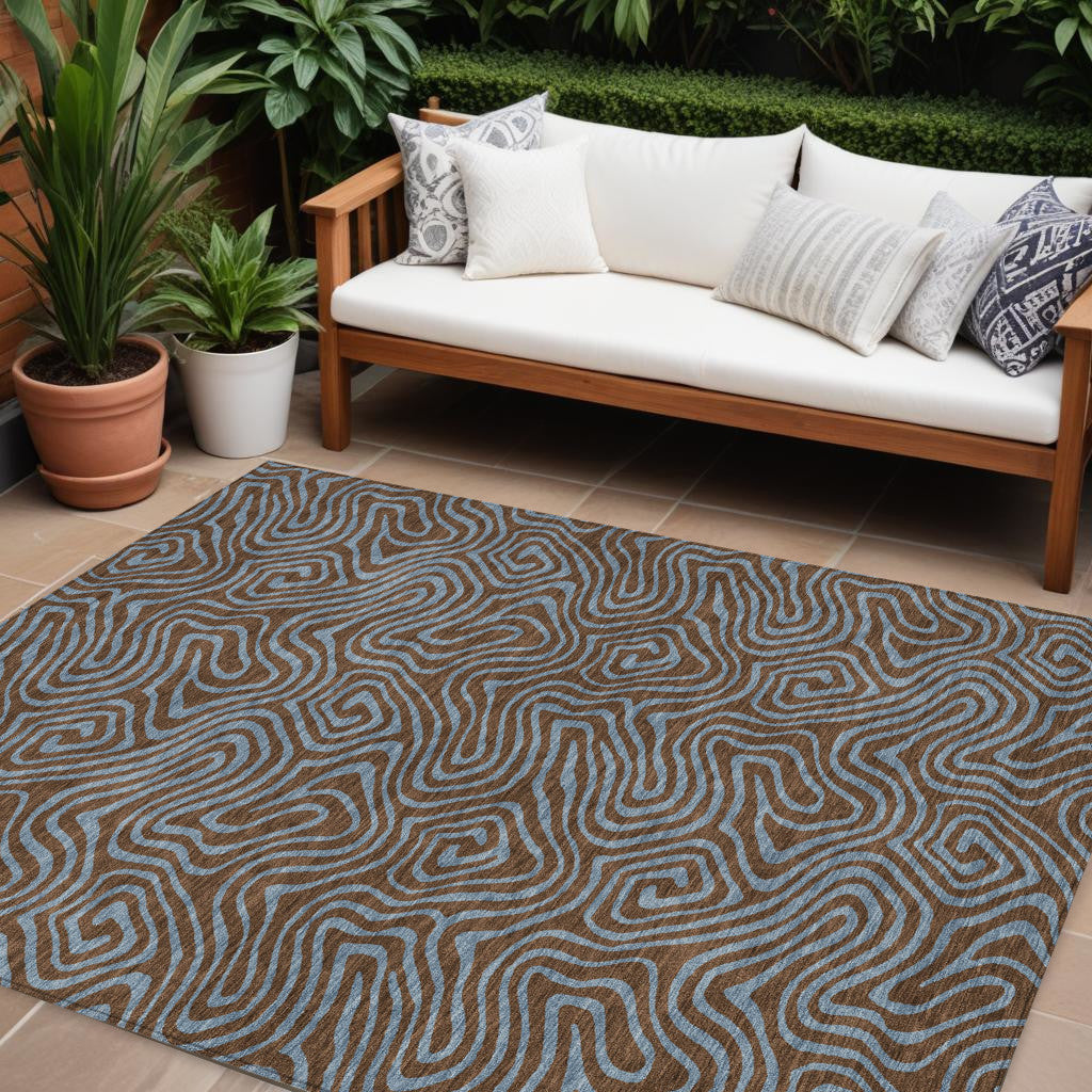 8 X 10 Brown And Light Blue Abstract Washable Indoor Outdoor Area Rug