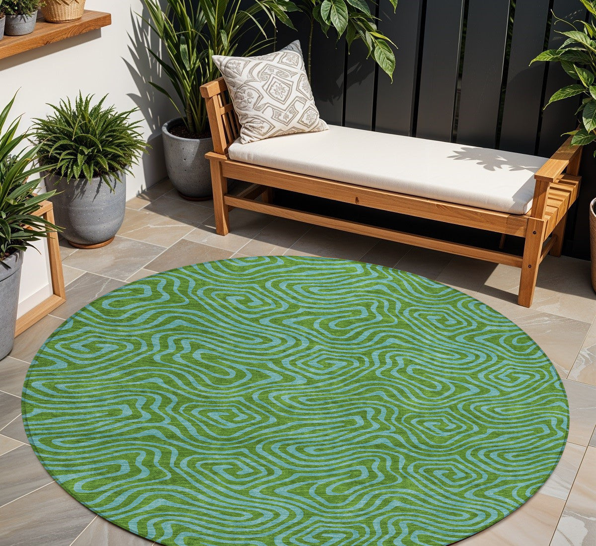 8 Green And Blue Round Abstract Washable Indoor Outdoor Area Rug