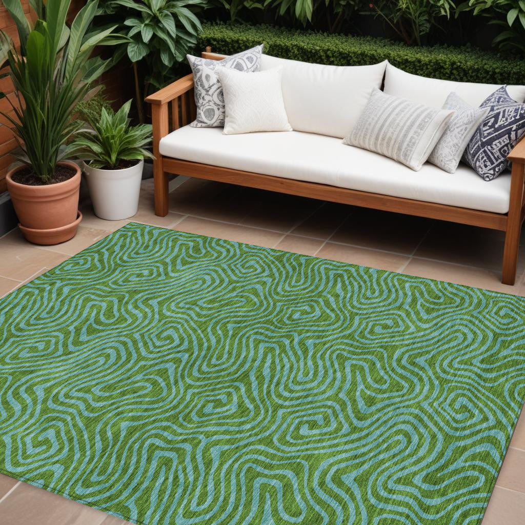 9 X 12 Green And Blue Abstract Washable Indoor Outdoor Area Rug