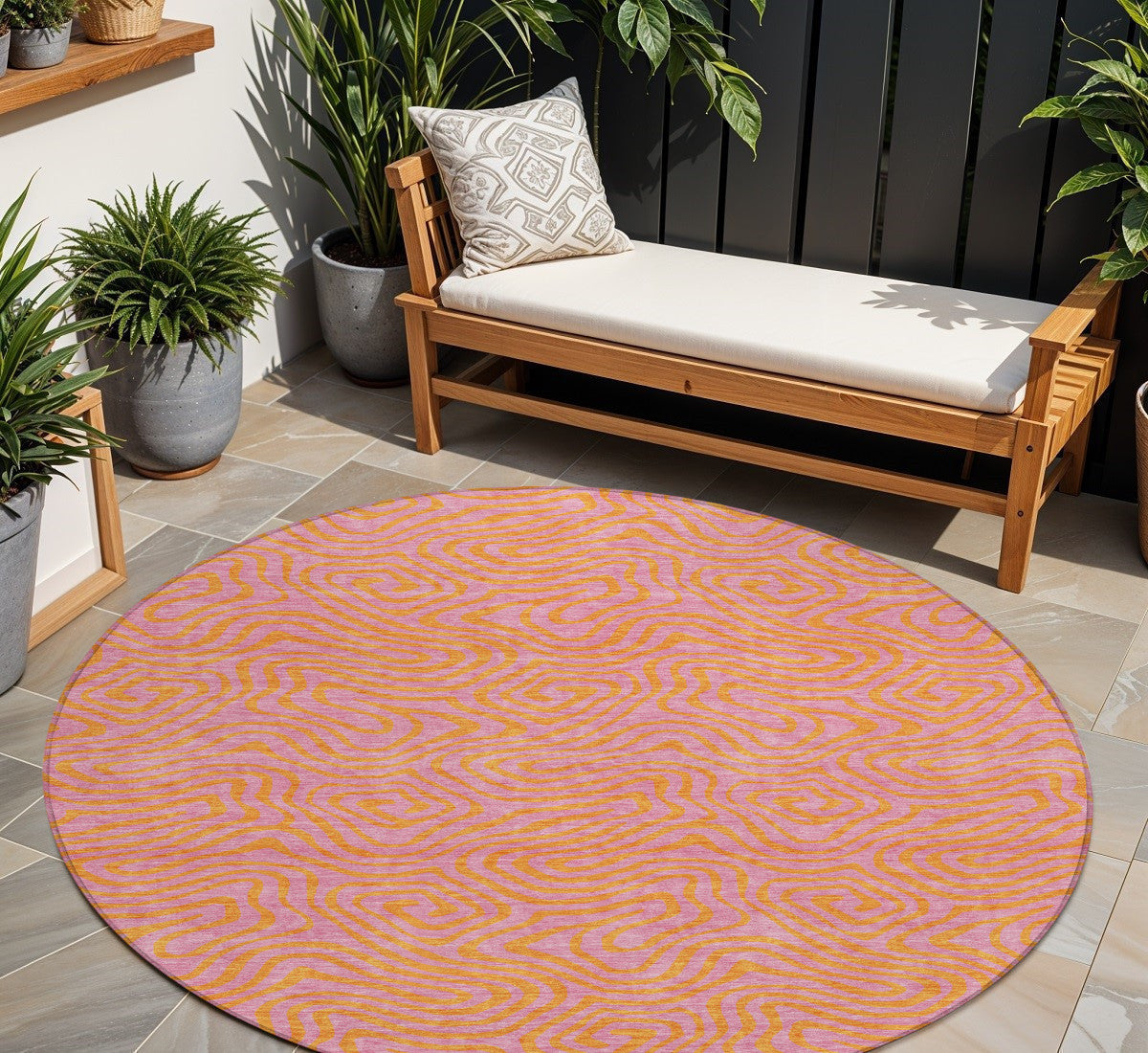 8 Pink And Copper Round Abstract Washable Indoor Outdoor Area Rug