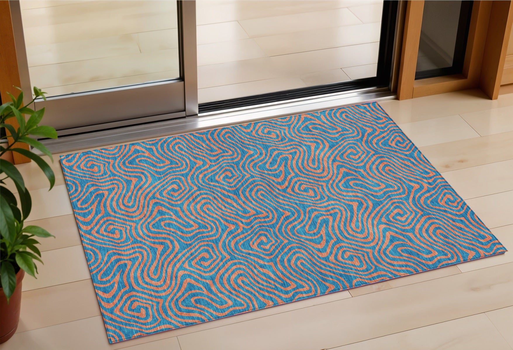 3 X 5 Teal Blue And Pink Abstract Washable Indoor Outdoor Area Rug