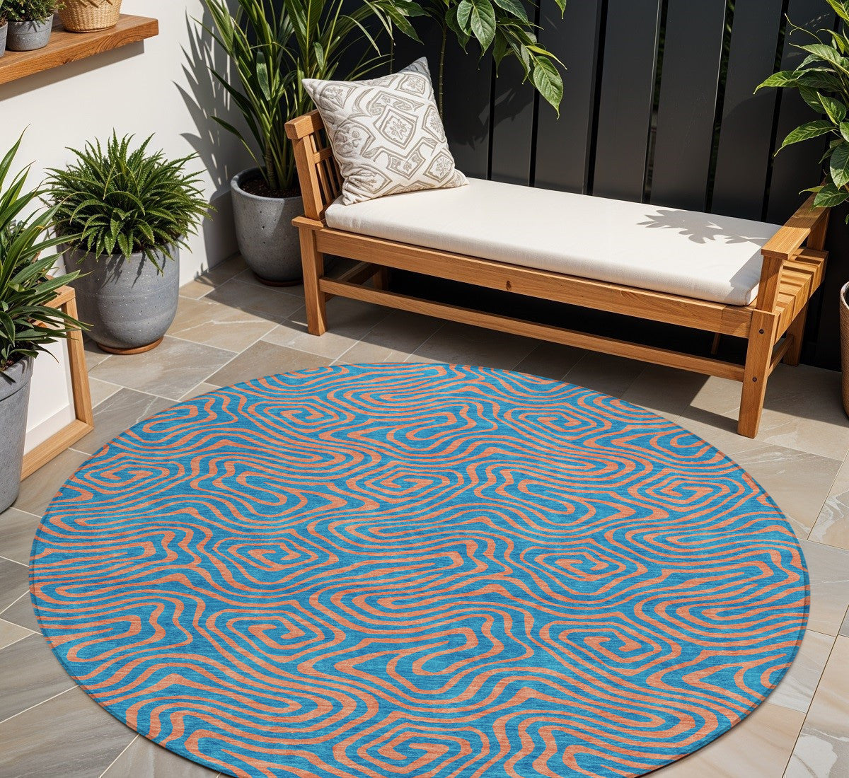 8 Teal Blue And Pink Round Abstract Washable Indoor Outdoor Area Rug