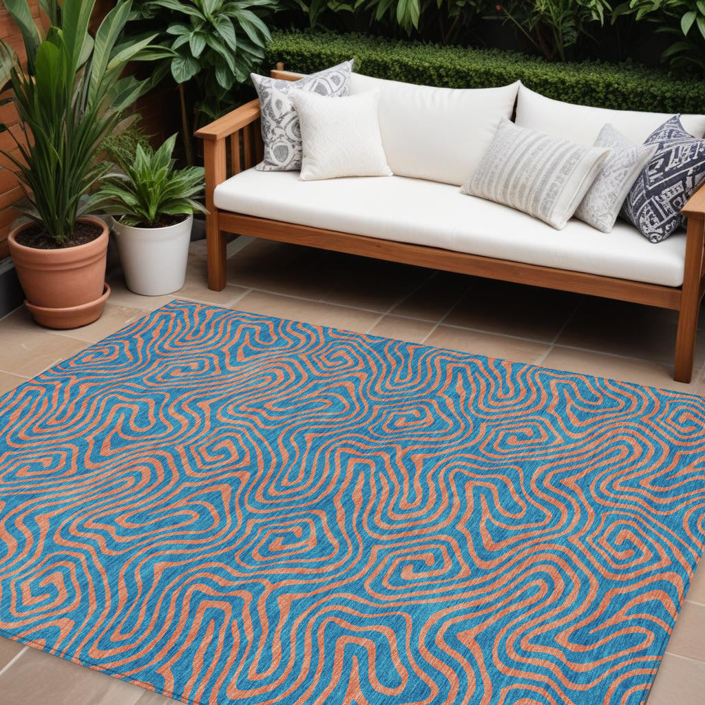 8 X 10 Teal Blue And Pink Abstract Washable Indoor Outdoor Area Rug