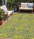 5 X 8 Yellow And Blue Abstract Washable Indoor Outdoor Area Rug